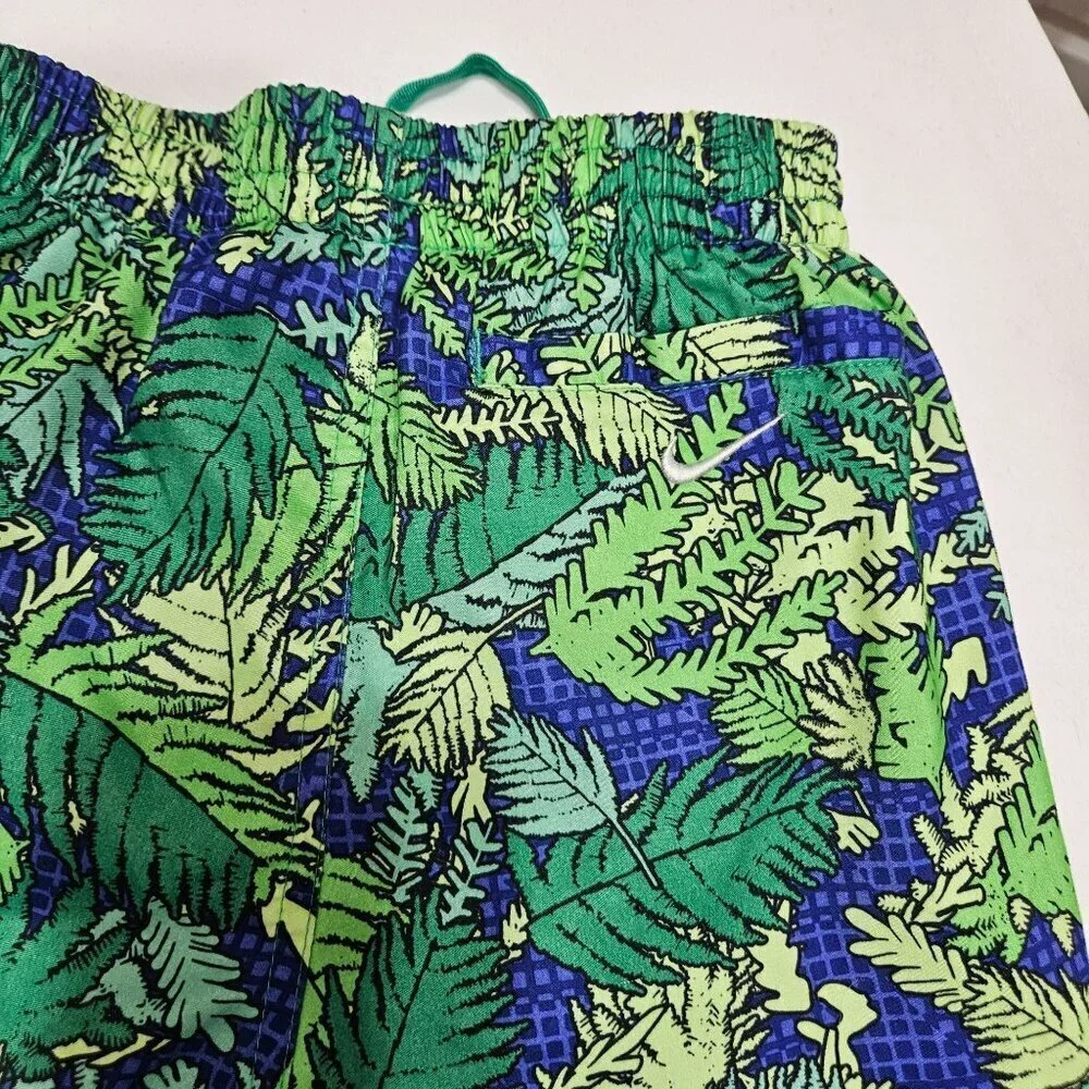 Nike Youth Tropical Leaf Print‎ Swim Trunks M 10-12 Yrs Green/Blue Cinch Waist
